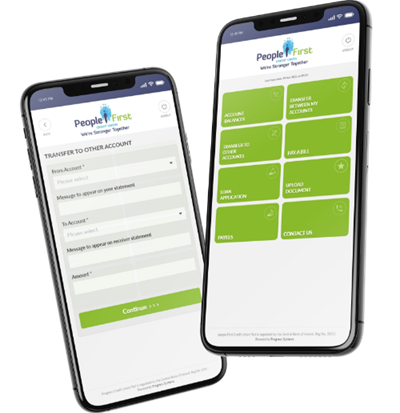 Two phone screens displaying the People First Credit Union app.
