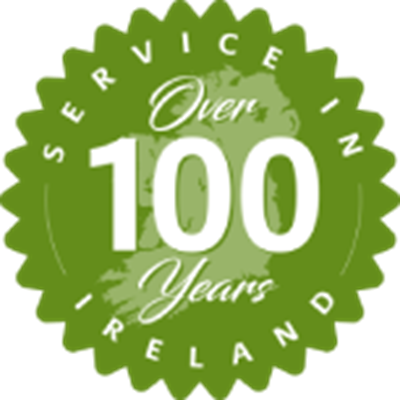 Green badge icon with the text “Over 100 Years Service in Ireland” over a faint map of Ireland.