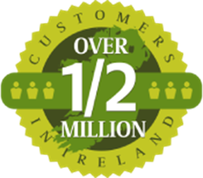 Green badge icon with the text “Over 1/2 Million Customers in Ireland” over a map silhouette and people icons.