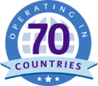 Blue and purple badge icon with the text “Operating in 70 Countries” over a globe graphic and a ribbon banner.